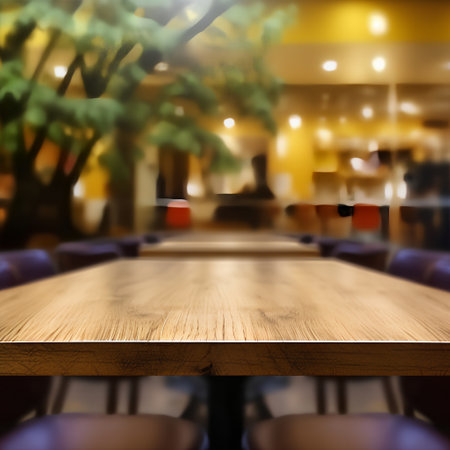 Empty wooden table and Coffee shop blur background with bokeh image, product display montageの素材