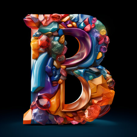 Capital letter B filled with colorful crystals isolated on black background. 3d renderingの素材