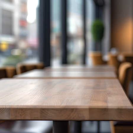 Empty wooden table and Coffee shop blur background with bokeh image.の素材