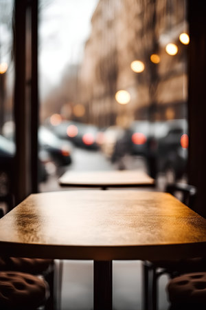 Empty wooden table in front of blurred background of city street with cars.の素材