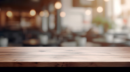 Empty wooden table and Coffee shop blur background with bokeh image.の素材