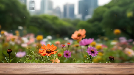 Wooden table with flowers in the park. Blurred background.の素材