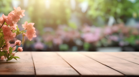 Wooden table with pink cherry blossom on bokeh backgroundの素材