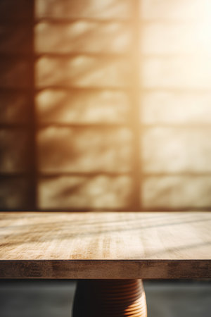 Empty wooden table in front of abstract blurred background. For product displayの素材