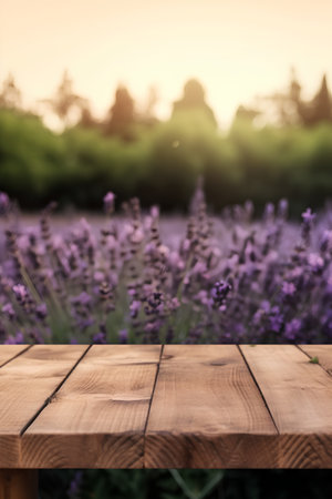 Wooden table in front of blurred lavender field background. Ready for product display montageの素材