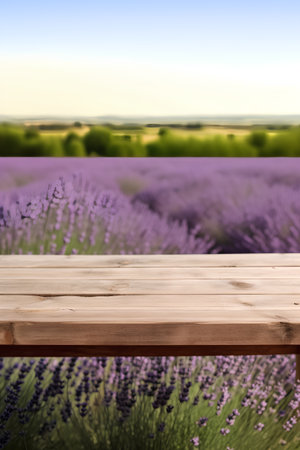 Empty wooden table over lavender field background, product display montageの素材
