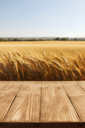 Wooden table in front of wheat field. Ready for product display montageの素材