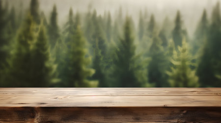 Empty table for product display montages over blurred pine forest background.の素材
