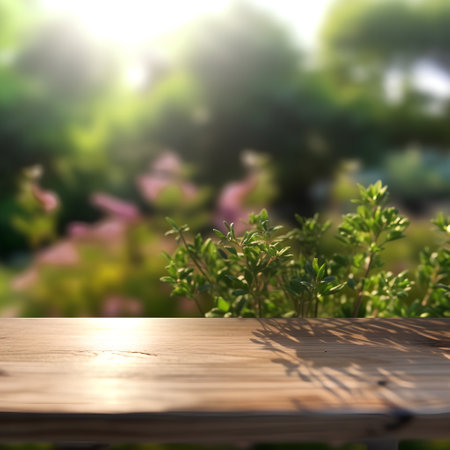 Wooden table with blurred garden background. Ready for product display montageの素材