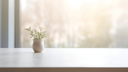 Ceramic vase with plant on wooden table in front of windowの素材