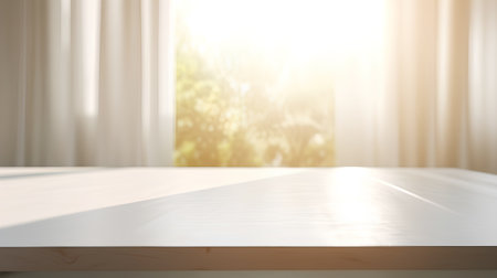 Empty white wooden table and window with morning light, product display montageの素材