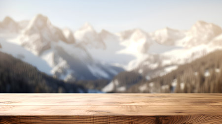 Wooden table top on blurred mountains background - can be used for display or montage your productsの素材