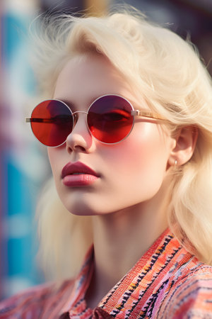 Fashion portrait of a beautiful blonde woman in sunglasses. Beauty, fashion. Optics.の素材