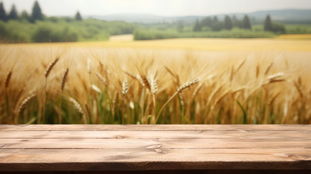 Wooden table in front of wheat field background. Collage.の素材