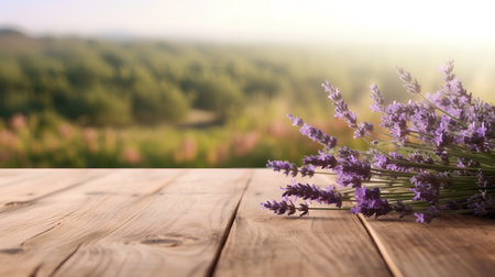 Lavender flowers on a wooden table in front of blurred backgroundの素材
