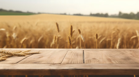 Wooden table in front of a wheat field. Empty space for your product display.の素材