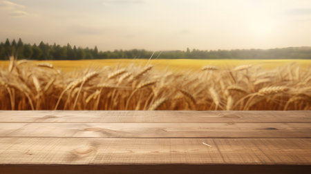 Wooden table in front of a wheat field. Ready for product display montageの素材