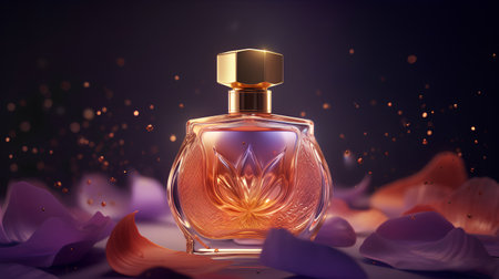 Perfume bottle with lotus petals. 3d illustrationの素材