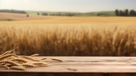Wooden table with wheat ears on the background of wheat field.の素材