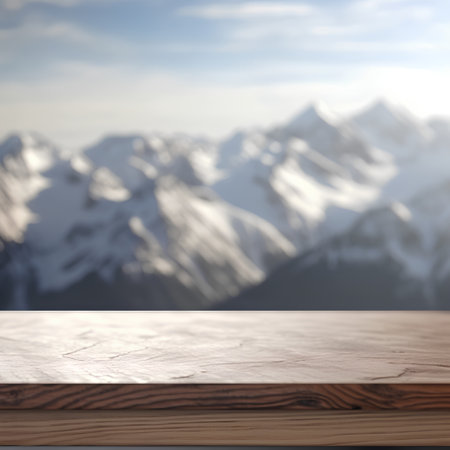 Wooden table top on blurred mountain background - can be used for display or montage your productsの素材