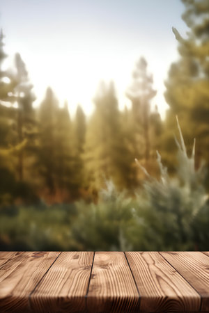 Wooden table in front of blurred pine forest background. Collage.の素材