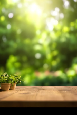 Wooden table with flower pot on blurred green bokeh backgroundの素材