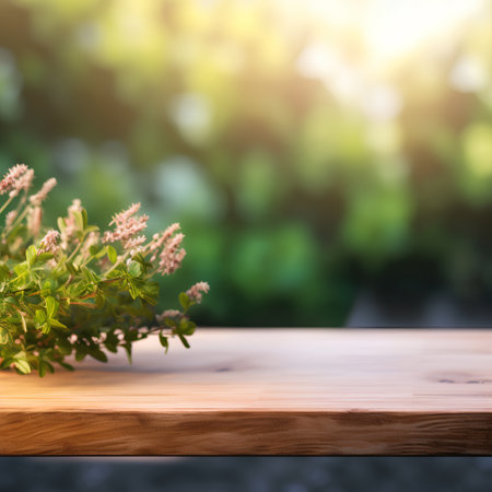 Wooden table top on blurred garden background - can be used for display or montage your productsの素材