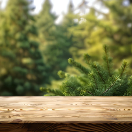 Empty wooden table over blurred pine forest background, product display montageの素材