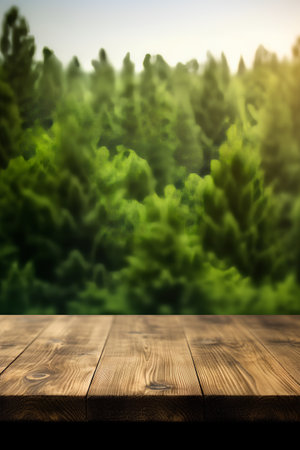 Wooden board empty table in front of blurred forest background. product display templateの素材
