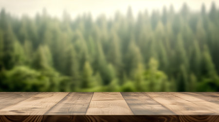 Wooden table top on blur forest background - can be used for display or montage your productsの素材