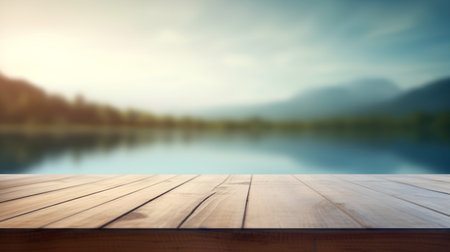 Wooden table top on blurred background of mountain lake and forest landscapeの素材