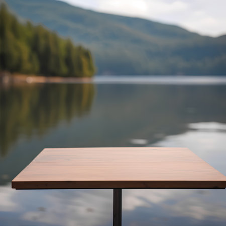 Empty wooden table over blur lake background, for product display montageの素材