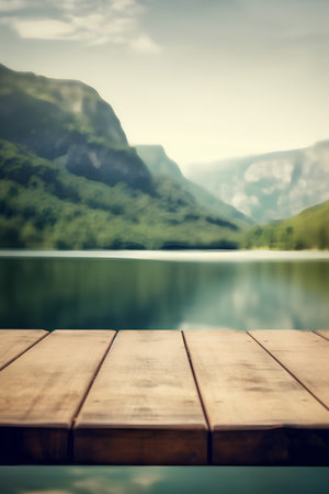 Wooden deck table on background of beautiful mountain landscape and lake.の素材