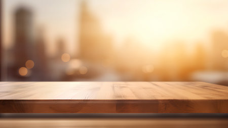 Empty wooden table and blurred city background, product display montage.の素材
