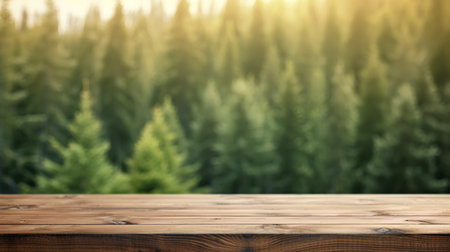 Wooden table top on blur forest background - can be used for display or montage your productsの素材