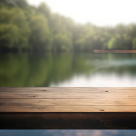 Wooden Table Top And Blur Nature of the Background for Your Projectの素材
