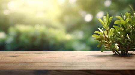 Wooden table with green plant on blurred bokeh background.の素材