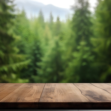Wooden table top on blur forest background - can be used for display or montage your productsの素材