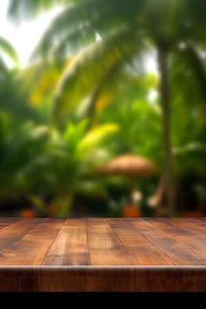 Empty wooden table with blurred background. Perspective wood over blur of coconut treeの素材