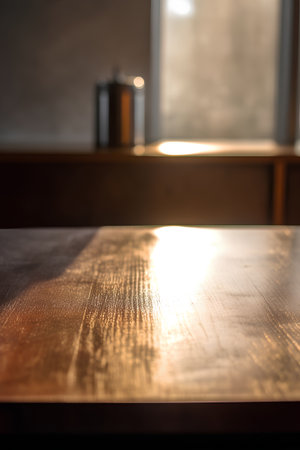 Empty wooden table in front of a window in a pub or restaurantの素材
