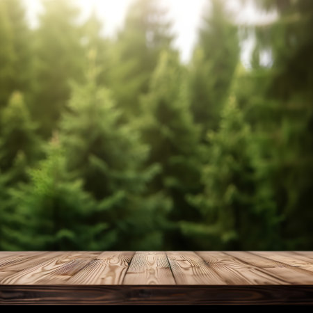 Empty wooden table over forest background, product display montage, 3d renderの素材