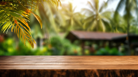 Wood table top on blur tropical beach background - can be used for display or montage your productsの素材