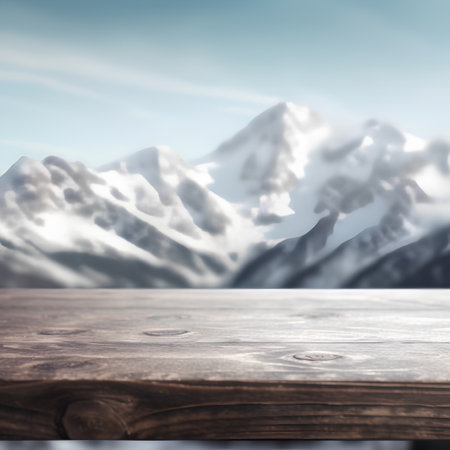 Wooden Table Top Background In the Snow. Collage. Selective Focus.の素材