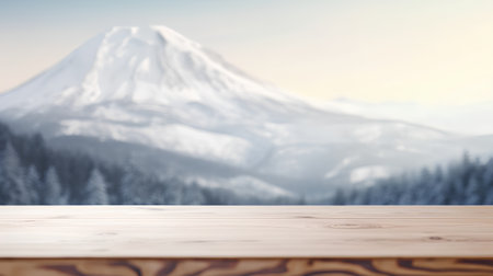 Wooden Table Top And Mountain View Of The Blur Nature Backgroundの素材
