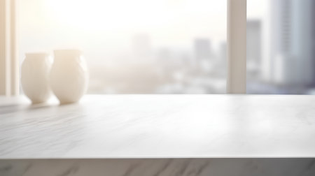 Empty white marble table top and blurred city view background. Mock up, 3D Renderingの素材