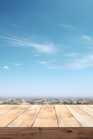 Wood table top on blue sky background - can be used for display or montage your productsの素材