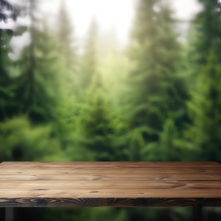Wooden table top on blur forest background - can be used for display or montage your productsの素材