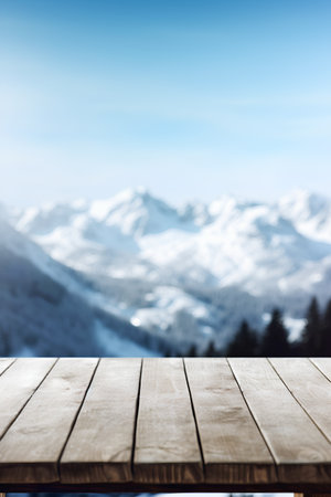 Wooden surface against snowy mountain peaks in the background. Collage.の素材