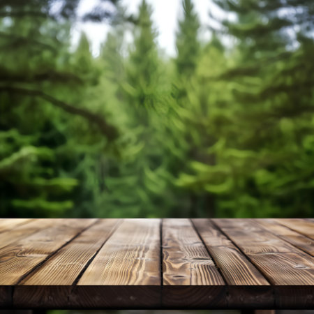 Wooden board empty table in front of forest background. product displayの素材