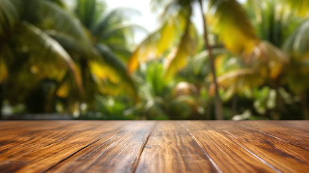 Wood table top on blurred background with palm trees - can be used for display or montage your productsの素材